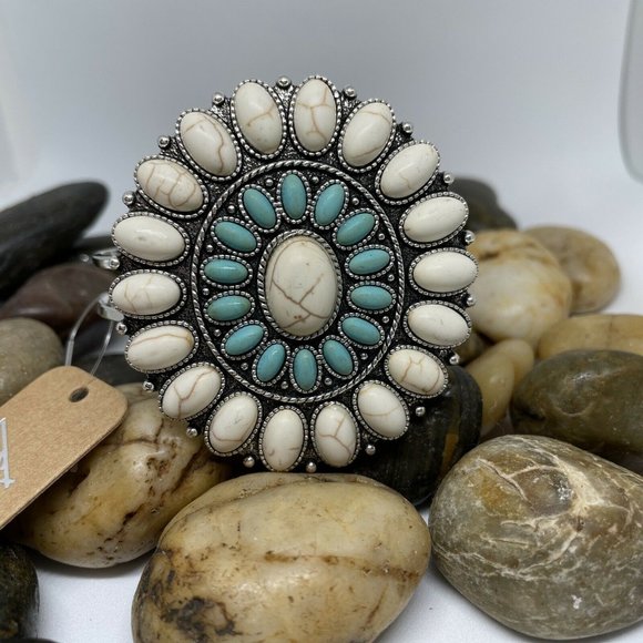 Southwest Turquoise White Buffalo large concho stone silver cuff bracelet Oval - Picture 9 of 9